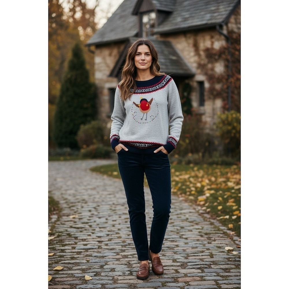 Talbots Sweater Women XL Gray Fair Isle Robin Bird Crew Neck Pullover lambs wool